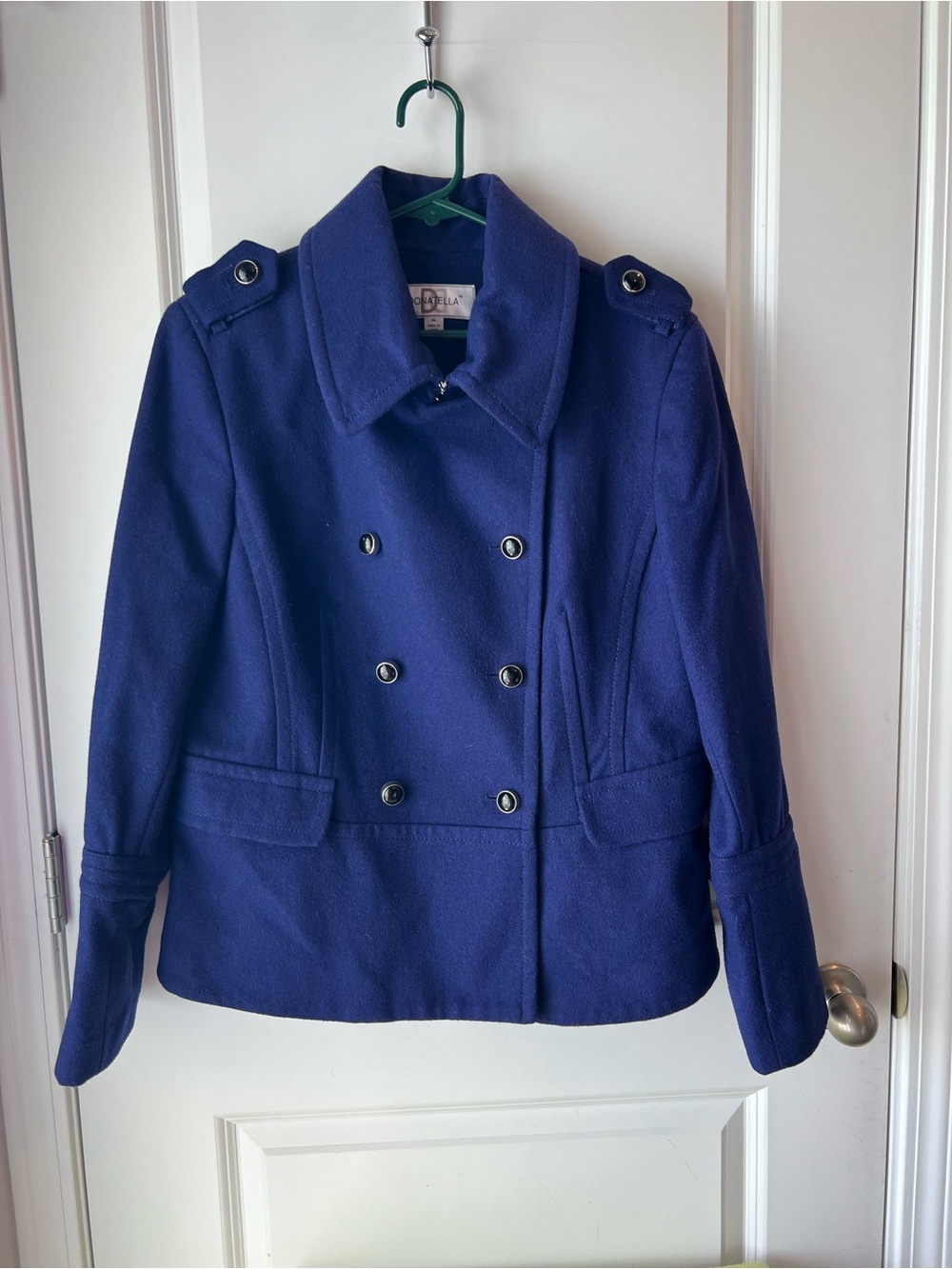 Donatella Double-Breasted Pea Coat in Deep Blue. Size XL